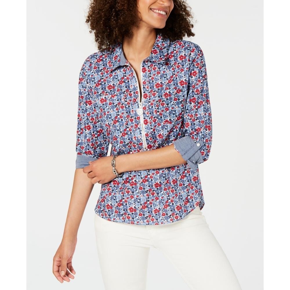 Tommy Hilfiger 1X zip neck printed cotton top